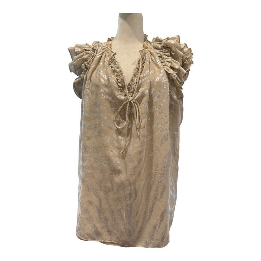 White House Black Market Metallic Animal Print Ruffle Blouse L